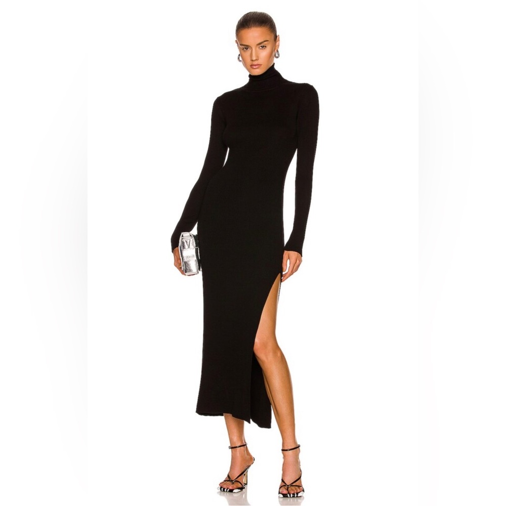 NWT Grey Ven Kincaid Black Ribbed Turtleneck Slit Maxi dress